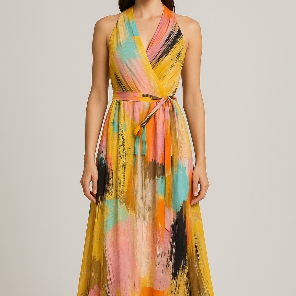 Chetta B Halter Tie Front Maxi Dress in Pink and Orange - Picture 3 of 15